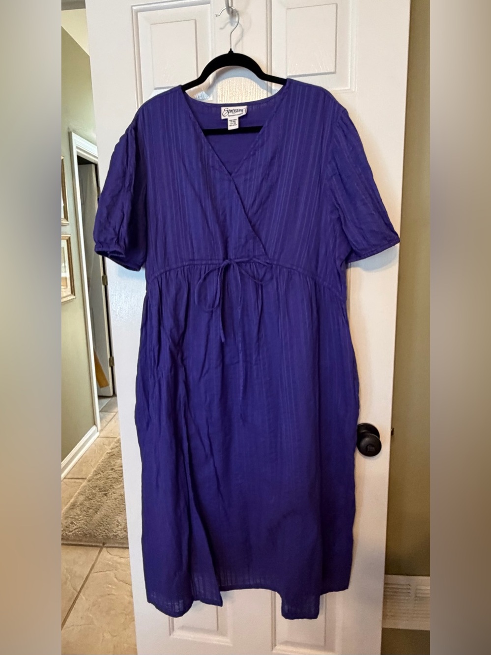 Expressions Deep Purple Faux Wrap-Style Midi Dress with Drawstring Waist, Sz 2X💜